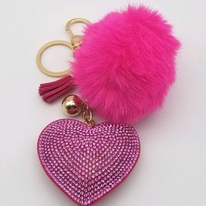 Rhinestone Heart-Pom Pom Keychain(NWOT)